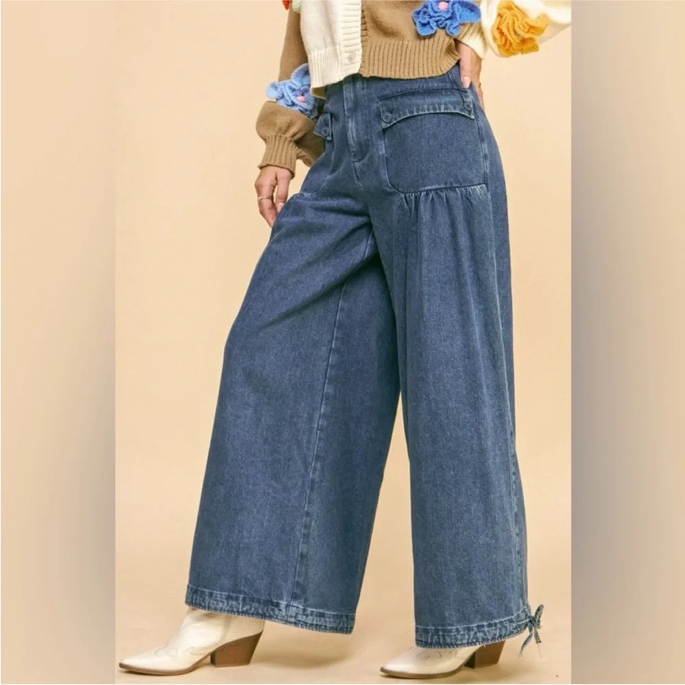 DAVI & DANI Adjustable drawstring hem Balloon Wide-Leg Jeans Denim FREE SHIPPING - Picture 2 of 3